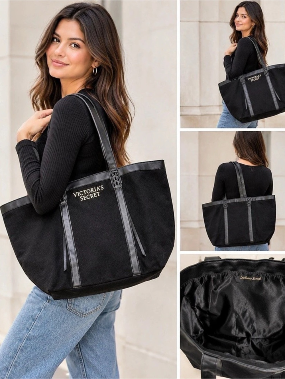 Victoria's Secret Large Black Canvas Tote Bag with Gold Logo Black NWT